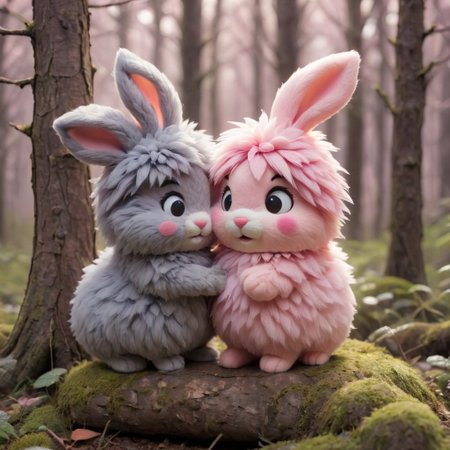 source_anime, Cute wonderful creatures, Microphotography, chibi, cute  fluffy rabbits ,pink and grey, in a dreamy forest, ispzxll, In a felt puppet world style,