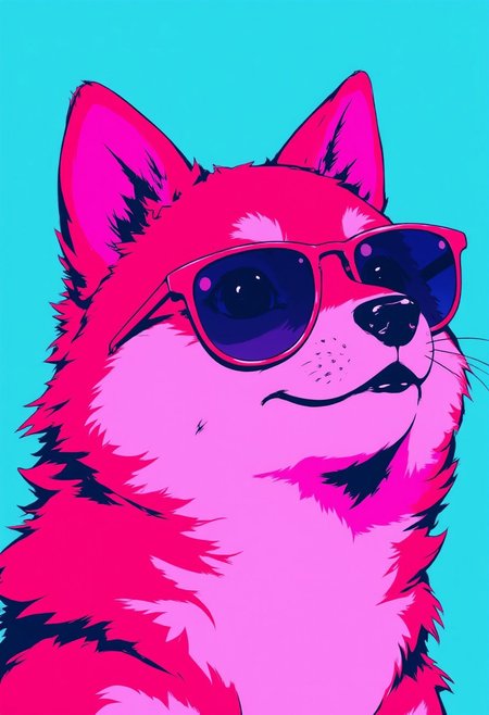 high contrast neon anime style in pink and teal, Shiba inu with sunglasses