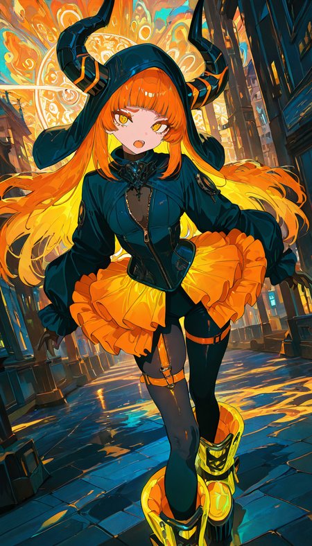 masterpiece, best quality, amazing quality, very aesthetic, absurdres,  newest, scenery,
, Confused, Wide-open eyes, a slightly furrowed brow, and a slightly open mouth., OrgNecro, 1girl, long orange hair, yellow gradient, blunt bangs, glowing yellow-orange eyes,  
black hood with demon horns, gothic fantasy outfit,  
tight black and orange bodysuit, shiny PVC, front zipper, open front short frilled skirt on sides, pelvic armor-like design, exposed front,  
tight glossy leggings, garter-like thigh straps, detailed seams,  
chunky platform boots, high-sole, glossy finish,
indoor, seductive, animated, dynamic angle, upper body, portrait, from above, fisheye lens, detailed face,colorful, close-up, masterpiece, best quality, amazing quality, very aesthetic, absurdres, newest, scenery, volumetric lighting