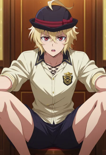 masterpiece, best quality, intricate details, anime screencap, anime coloring, official style, looking at viewer, 1boy, solo, male focus, <lora:mikaela_hyakuya_ilxl:0.94>, mikaela_hyakuya, blonde hair, red eyes, short hair, hair between eyes, bangs, ahoge, , rule of thirds, dining room, noon, (pose), open mouth, Pleated shorts, Nylon Herringbone Moss Green Chambray shirt, , Bowler hat, and