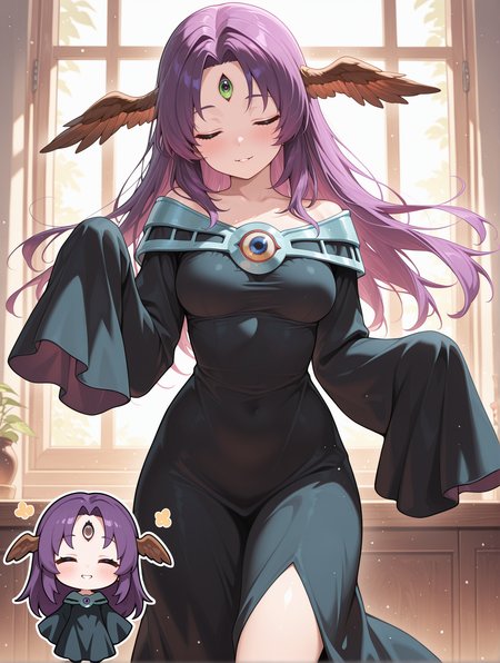 chibi, witch of the black forest, 1girl, solo, closed eyes, smile, green third eye, black long dress, brown head wings, blush, medium breasts, parted lips, collarbone, sleeves past fingers,
masterpiece,best quality,amazing quality,very aesthetic,absurdres,newest,<lora:Witch of the Black Forest illusXL v1.4:0.74>,