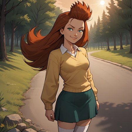 score_9, score_8, BREAK, solo, 1girl, yellow sweater, collared shirt, green skirt, white socks, black footwear, red hair, long hair, spiked hair, green eyes, breasts, total drama, Evil_Scarlett_(Total_Drama), tdpi, sexy pose, self portrait, smile, evil expression, outdoors, sunlight, shadows, evening lighting, natural lighting, forest, trees, grass, orange sky, sunset