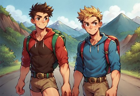 8k, score_9, score_8_up, score_7_up, masterpiece, cowboy shot, male focus, handsome face focus, 2boys, couple focus, muscular twinks, broad shoulders, slim waist, lean, young, handsome, cute face, 
(Kyl, brown hair, brown eyes, hoodie, brown shorts, backpack, belt)
(Mike, spiky blonde hair, grey eyes, jacket,  shirt, jeans shorts, belt),
hiking, walking on road, smiling, having fun,
mountain, outdoors, mountains in background, dynamic pose,