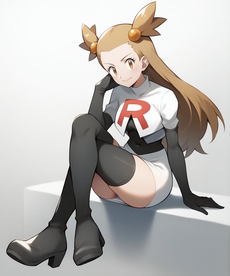 score_9, score_8_up, 1girl,
good quality, masterpiece, mature female, ultradetail, anime, source_anime, aesthetic, (solo)
 <lora:JasminePokemon-05:0.9>PokeJasmine,  long hair,  <lora:Cosplay_TeamRocket_P1:1> Cosplay_TeamRocket, team rocket uniform, white jacket, cropped jacket, white skirt, elbow gloves, black thighhighs, zettai ryouiki, heel boots, fullbody, sitting, crossing legs, evil smile,