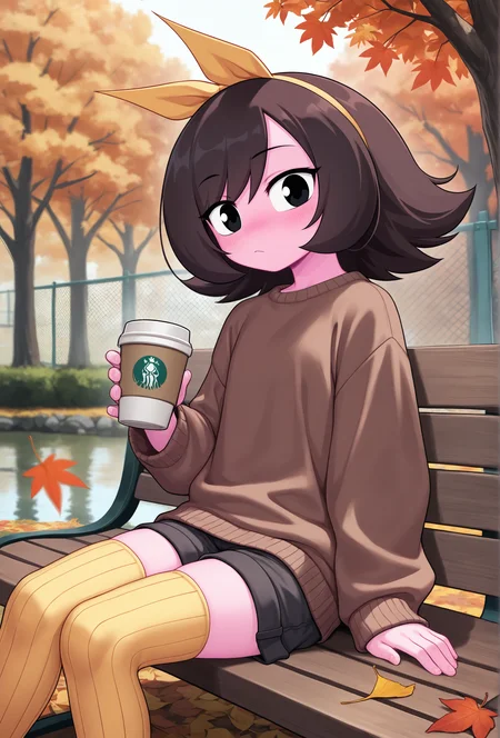 masterpiece,best quality,amazing quality, <lora:marigold_cabronpr_noob_v1.1f:1> marigold, 1girl, solo, hairbow, no nose, black eyes, BREAK
brown sweater, shorts, thighhighs, ribbed thighhighs, sitting, autumn, autumn leaves, tree, bench, park, chain-link fence, disposable cup, detailed background, depth of field, pond