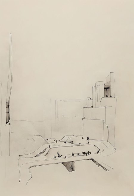 a professional hand sketch of architecture,
(POV view , DOF, first people view from the entrance, low angle shot:1.4),
(Ancient civilization, Alien Prometheus movie scene, dune movie scene:1.5), (The colonial city of the future, in the mist-filled Grand Canyon, on an unknown Earth-like planet, 2 moon on sky, Spaceship flight connects colonies, waterfulls:1.3), (Machu Picchu, a mountain settlement, incredibly spectacular:1.2), (Mario Botta:1.3), (avant-garde, future, reality, science fiction, photorealistic), (modern architecture:1.2), White limestone with black granite, fountain, waterfall, landmark, square, path, narrow street,
(Large Files, Ultra Realistic, 8K, 16k, FHD, HD, VFX, Perfect, Photography, composition, Architecture Sales Photography, Architecture Competition, Ultra High Resolution, Cinematography, High Resolution Image:1.1), (dramatic lighting, direct sunlight, ray tracing, clear shadow:1.2),  (real landscape:1.1), (blurred background:1.0), (urban background, more_details) ,
great lighting, extremely detailed, hillscastel, Neo Classic, Architecture sketch