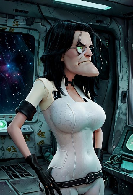 Masterpiece, best quality, absurdres, high detail, 1boy, solo, cartoon,  Eustace, Bagge, (sharp chin, pointy chin:1.2), glasses, grumpy expression, detailed face,(long black hair:1.3), white bodysuit, black gloves, belt, choker, big breasts, futuristic spaceship background, detailed background,