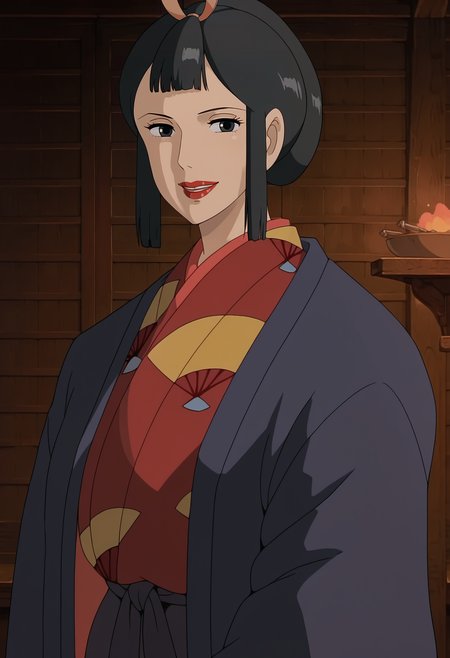 <lora:Eboshi_Gozen-Mononoke_Hime:0.9>,Eboshi,mature female,1girl,solo,black hair,black eyes,lipstick,japanese clothes,kimono,upper body,indoors,smile