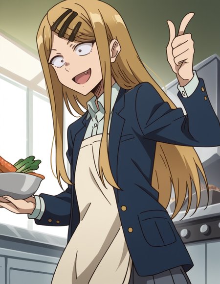 score_9, score_8_up, score_7_up, source_anime, <lora:saya-endou-s2-ponyxl-lora-nochekaiser:1>, saya endou, long hair, blonde hair, hair ornament, brown eyes, hairclip, fang, wide-eyed, constricted pupils, sanpaku,, skirt, shirt, hair ornament, school uniform, jacket, pleated skirt, socks, blazer,, kitchen, cooking, apron, cutting vegetables, home cooking, smile, , hand showing a thumbs down, solo,, cowboy shot, dutch angle