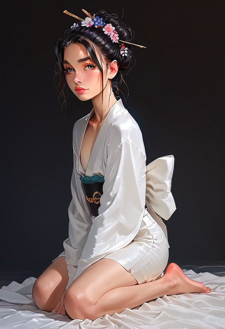 score_9, score_8_up, realistic, photo, highly detailed, fantasy, traditional media, 
/BREAK/ 
solo:1.1, alone:1.1, ((20 year old femboy), Japanese, black hair, feminine face, tall, slim, long face, slim waist, feminine jaws, ((huge eyelashes)), geisha makeup, Japanese kimono, background traditional Japanese home, detailed background, ((geisha make up)), bare feet, exposed feet, dark background, tiny mouth, dark eyes, cherry blossom, bright smile, ((kneeling))