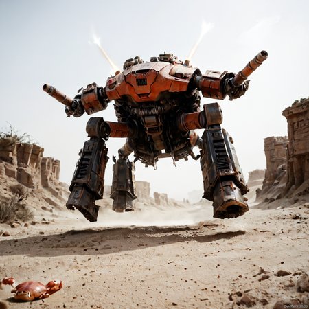 score_9, score_8_up, score_7_up, score_6_up, score_5_up, score_4_up, rating_safe,source_photo,detailed,a cyborg robot crab with exhaust pipes and laser turrets walking in a desert,from below,epic,apocalyptic,<lora:Ponyrealv3:1>,