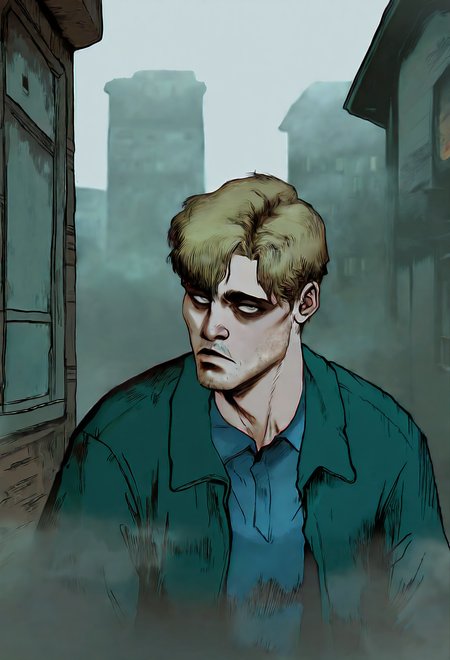 masterpiece, best quality, absurdres, <lora:ArielZuckerBrull-guy90-Illust-Lycorisv1:1>, rbuzra, vhs artifacts, 1boy, solo, <lora:Hoseki_SilentHill_JamesSunderland_IllustriousXL_v1:.8>, j4mes, blonde hair, short hair, curtained hair, grey eyes, stubble, green jacket, collared shirt, blue shirt, jeans, fog, town