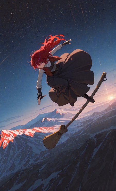 masterpiece, sharp detail, intricate detail, 1girl, detailed eyes, gradient eyes, highly detailed hairs, red hair, long hair, belt, long skirt, vest, fingerless gloves, dynamic pose, dynamic angle, standing,  <lora:Broom Surfing:0.8>, broom surfing, long shot, partially illuminated, dappled light, dramatic shadows, cinematic lighting, detailed background, light and shadow contrast, starry sky, mountain, landscape,