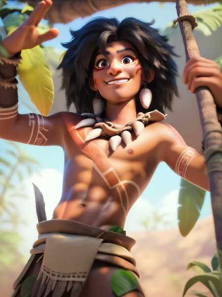 score_9, score_8_up, score_7_up, score_6_up, 1boy holding a lance, tribal tattoom, tribal clothes, jungle, a lot of vegetation, looking at looking at viewer, smile, cute, cartoon, cowboy shot, dynamic angle, epic pose, from below, skinny, dark skin, black hair,
 <lora:DisneyStudios_style:1> DisneyStyleXLP