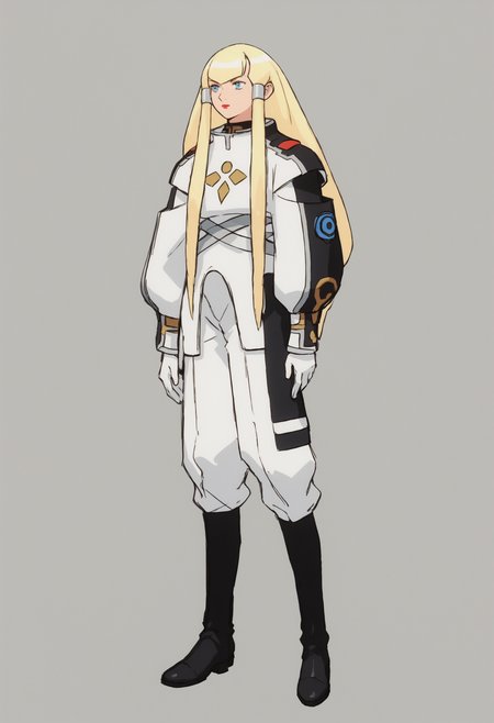 <lora:DianaTurnAPony1.0:0.8> Dianna, 1girl, solo, blonde hair, long hair, boots, blue eyes, uniform, gloves, makeup, full body, standing, black footwear, hair tubes, lipstick, white gloves, knee boots, bangs, sidelocks,  score_9, score_8_up, score_7_up, score_6_up, score_5_up, score_4_up,grey background,