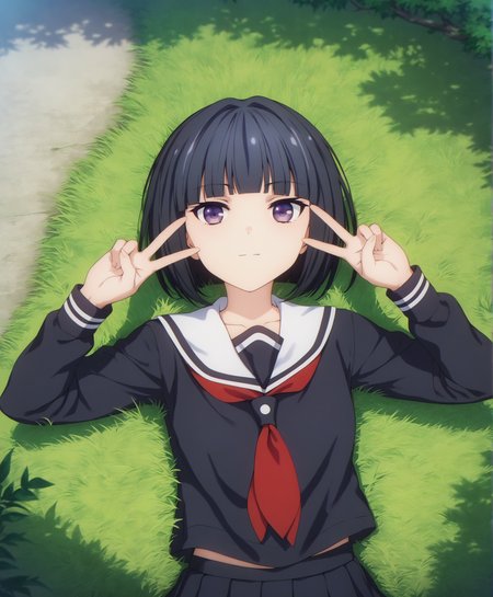 score_9, score_8_up, score_7_up, highres, hi res, best quality, masterpiece, 2d, intricate details, 4k, anime coloring, shadow, uncensored,
1girl, solo, female, short hair, black hair, purple eyes, blunt bangs, bob cut,
school uniform, black shirt, black skirt, sailor collar, sailor fuku, red necktie, white sailor collar, pleated skirt,
hands up, double v, v sign,
portrait, upper body, looking at viewer, facing viewer, sitting, on back, leaning back,
outdoors, forest, grass, on grass, depth of field, trees, foliage, bushes, <lora:Rin_Onigawara1024_Pony:1>, busou shoujo machiavellism,