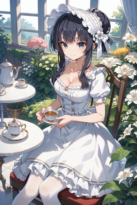 score_max, (score_9, score_8_up, score_7_up:1.2), score_6_up, official art, source_anime,
masterpiece, absurdres, high detail,
flower garden, white flower, greens, white table, white chair, from front,
sitting, holding saucer, holding teacup, light smile,
curren, black hair, bonnet, hair ribbon, white dress, collarbone, cleavage, puffy short sleeves, frilled skirt,  white pantyhose,  zettai ryouiki,
<lora:XL_Pony_gomaotsu-curren-t1:0.9>