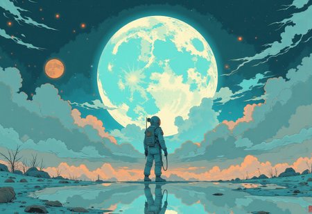 An astronaut standing alone on a vast, reflective surface that mirrors the sky above. The horizon blends seamlessly, making it appear as though the astronaut is floating in an endless expanse of space and water. A massive, full moon looms directly behind them, casting a soft, ethereal glow that illuminates the scene in shades of teal and dusky pink. Soft clouds, tinted with warm hues of pink and purple, drift across the sky, their shapes reflecting on the surface below, creating an almost dreamlike symmetry. The astronaut's figure is mirrored perfectly on the ground, adding to the surreal, otherworldly feeling of the scene. The air is still and silent, as if time has slowed down in this serene, cosmic landscape. A few stars are scattered across the sky, faint yet steady, adding depth to the vastness. The atmosphere feels calm and introspective, a moment of solitude and wonder as the astronaut gazes into the infinite unknownaa place where reality and imagination merge seamlessly.,
<lora:Anime v1.3:1.2> <lora:Blue_Future:0.9> <lora:Ethereal_Brush_Anime_v1.0:0.6> <lora:It's a LoRA for portraits, BUT! actually specialized in backgrounds. v1.0:0.2>