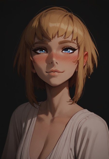 score_9, score_8_up, score_8. score_9, score_8_up, score_7_up, score_6_up, masterpiece, 4k, high quality, (best quality:1.1), ExpressiveH,(close up)
1girl, 1girl, blonde hair, solo, short hair, , sidelocks, blue eyes, medium breasts, blushing,looking at viewer, seductive smile, g0dd3ss, white dress, cleavage
black background