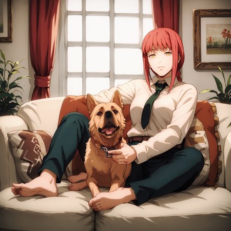 score_9. score_8_up, score_7_up, animeirl, 1girl, makima, yellow eyes, mature female, sofa, sitting, barefoot, holding a dog, dog chain, indoor,   <lora:chainsawman_pony_v1-1_mx:0.9> <lora:Animeirl v3 GLoRA PDXL Anzhc:0.8> <lora:p3tl0v3XLP:0.6>