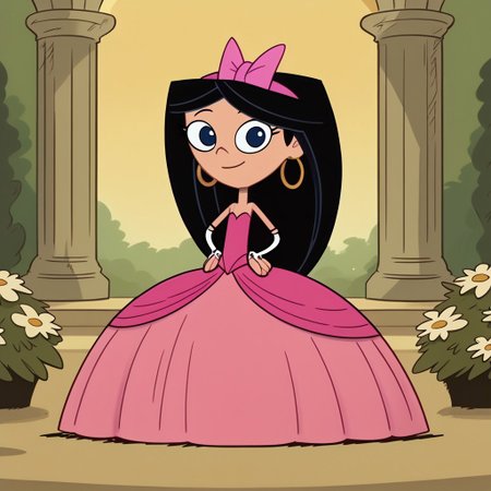 score_9, score_8_up, score_7_up BREAK IsaPF, 1girl, long black hair, dark blue eyes, pink bow, very long large straight tulle pink princess ball gown hoop skirt, ball gown hoop skirt, pink princess dress, hoopdress, my big princess gypsy wedding dress, ballgown, a girl in a dress posing for a picture, wearing long elbow length pink fingerless hook bridal gloves, she is smiling, closed mouth, ballgown, sexy pose, CrinolineDress, USE FACEFIX, cartoon, source_cartoon, smiling at viewer, full body, flower garden outdoors, flowers background, hands on hips,