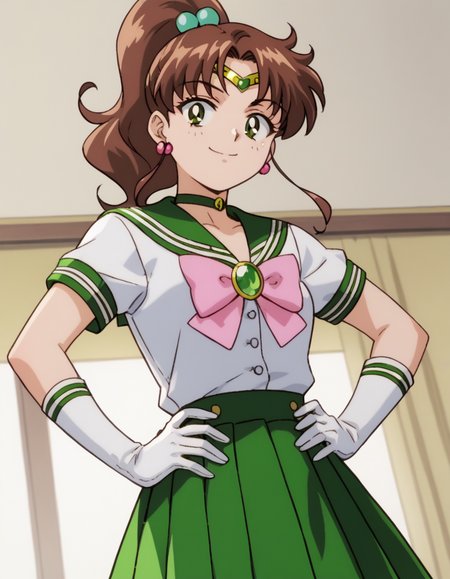 score_9, score_8_up, score_7_up, source_anime, <lora:makoto-kino-supers-movie-ponyxl-lora-nochekaiser:1>, makoto kino, brown hair, circlet, green eyes, hair bobbles, hair ornament, medium hair, ponytail, sidelocks, parted bangs,, back bow, bow, bowtie, brooch, choker, earrings, elbow gloves, flower earrings, gem, gloves, green choker, green gemstone, green sailor collar, green skirt, jewelry, miniskirt, pink bow, pink bowtie, pleated skirt, sailor collar, shirt, short sleeves, sidelocks, skirt, white gloves, white shirt,, indoors, smug, smile, looking at viewer, solo, hands on hips,, cowboy shot, dutch angle