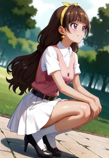 (score_9, score_8_up, score_7_up, score_6_up, score_5_up, score_4_up),
best quality,masterpiece,source anime,very aesthetic,absurdres,
1girl,solo,18yo,
break,
<lora:kirara.pony:1>, kirara, 
<lora:1018 Home wear 34_v1_pony:1>, ruanyi1018, black belt, collared shirt, pink vest, white skirt,
white socks, black high heel mary janes, 
break,
shiny skin,white skinned girl,shiny hair,large breasts,slim body,(sagging breasts:0.3),
blush, light smile, squatting, 
detailed background,
outdoors, 
depth of field, dutch angle, full body,