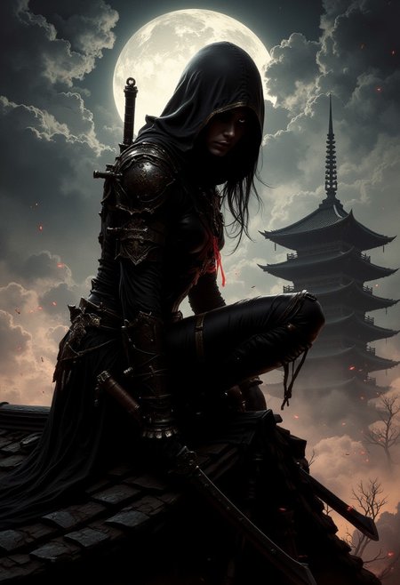 detailed renaissance oil painting, masterpiece, FredFraiStyle, female japanese ninja assassin, hood, chiascuro, weapons, directional lighting, masterpiece, perfect composition, perfect hands, kneeling on roof of pagoda temple, silhouetted with light illuminating one side of face