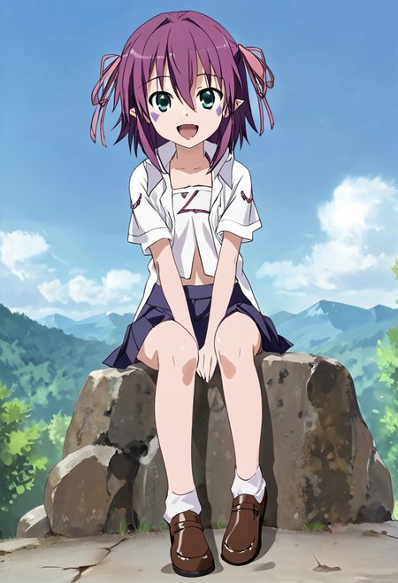 score_9, score_8_up, score_7_up, anime_source, source_anime, best background, detailed background, anime screencap, (best quality, ultra detailed), good eyes, perfect eyes, detailed eyes, detailed face, 
BREAK
merry_nightmare, 1girl, solo, green eyes, purple hair, short hair, flat chest, pointy ears, facial mark, smile, open mouth, looking at viewer, 
BREAK
school_uniform, (white_shirt), collared_shirt, pleated_skirt, bare legs, brown shoes,
BREAK
full body, (sitting on a rock), outdoor, open field, green area, mountains on the horizon, daytime, clouds, sky.
