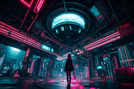 highly insanely detailed, masterpiece, top quality, best quality, highres, 4k, 8k, RAW photo, (very aesthetic, beautiful and aesthetic),  
tsutomu nihei,nihei_tsutomu,blame!,blame gakuen!,abara,TNstyle,sidonia_no_kishi,(lab),star \(sky\),starry sky,bridge,tentacles,buildings,concrete walls,metal walls,dome,wire,empty,futuristic,dystopia,destroyed,dark background,no human, 
<lora:ABARA:0>, 
(1girl:1.3), 
solo focus, 
neon black background,neon magenta background,neon orange background,(colored digital glitch background,colored confetti background,fluorescent background),âââ