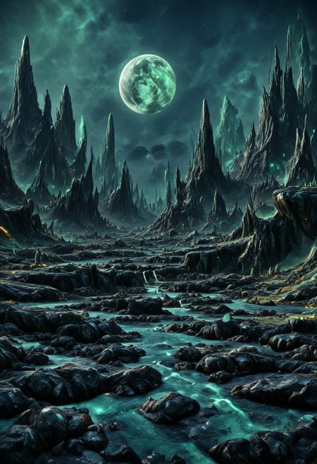 A beautiful landscape at night on an alien world, dramatic lighting, large moon in the sky, jade rocks, waterfalls, deep crevices, uhd, ultra-detailed, photography, f/8 photo, monoprone, nmskyrim