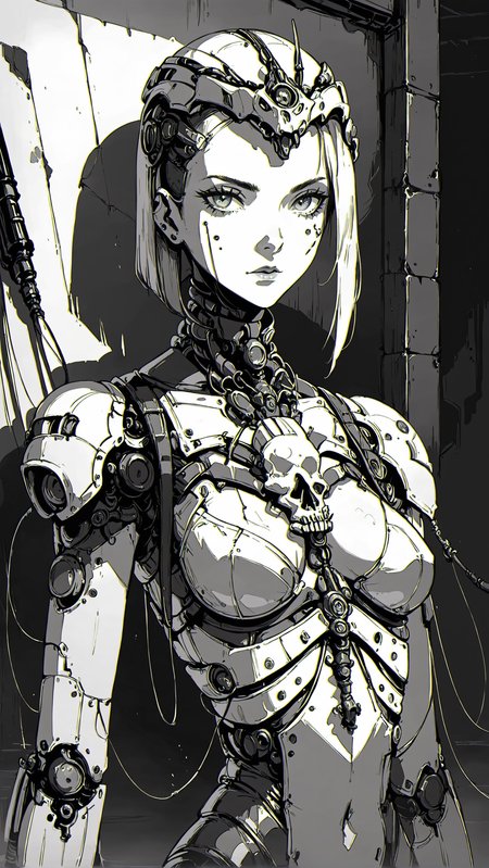 score_9,score_8_up,score_7_up,xenotr1p,<lora:Xenotrip:1>,1girl,sexy girl,side cut,A portrait painting of a Tech Priest from the Adeptus Mechanicus. She is wearing a red and gold robe with a hood. The hood is pulled back to reveal her pale face with cybernetic eyes and a cybernetic left arm. she is holding a staff with a skull on the top. she has a serious expression on his face. she is standing in front of a dark background with a green glow around him. Adeptus Mechanicus,