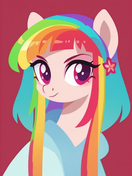 feral pony,Rainbow hair, show accurate, red background,sharp image of a digital illustration of a pony's head. The pony has a rainbow-colored mane that is styled in a messy, messy manner. The mane is made up of multiple colors, including red, orange, yellow, green, blue, purple, and pink. The eyes are large and round, and the pony's nose is small and pointed. The background is a light green color. The overall style of the illustration is cartoon-like and playful.<lora:Pony\PonyMinimalStyle.safetensors:0.8:0.8><lora:Flux\flat\Minimalist_Flux.safetensors:1.0:1.0>