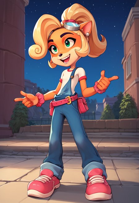 PonyXLV6_Scores,source_anime,masterpiece,best quality, highly detailed, perfect anatomy,amazing quality,
BREAK
 <lora:coco:0.8>coco,solo, 1girl,  happy, goggles, overalls, jewelry, furry, earrings, shirt, flat chest,  shoes, full body, animal ears, teeth, standing, furry female, short sleeves, two-tone fur, green eyes, body fur, goggles on head, blue overalls, white shirt,  red footwear, sidelocks, animal nose, blonde hair, heart, belt, pink footwear, open mouth, wrist scrunchie, grin, artist name, ponytail, shiny, pants,  blue pants, parted lips, holding, pouch, orange hair, long hair,outdoors,night, night sky, screaming,