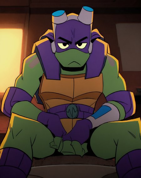 score_9, score_8_up, score_7_up, smooth lines, countershading, soft shading, 2d, extreme detail, 4K, high definition, high resolution,  <lora:rottmnt8:0.8>, 1boy, solo, Donnie, green skin, goggles, mask, fingerless gloves, belt, turtle, legwear, sitting, frown, curious, indoors, looking at viewer,