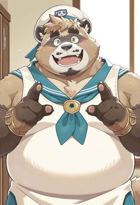 (safe for work, no naughty stuff, rating_safe), solo, masterpiece, best quality, newest, absurdres, highres, high quality, highly detailed, furry male, raccoon dog, mature male, ((highly detailed eyes, perfect eyes)), ((4 fingers)), perfect hands
Pong, Crave Saga, golden eyes, thick eyebrows, short hair, brown fur, two tone fur, sailor uniform, sailor hat, baggy garments, deck background, soft lighting, chubby, beard