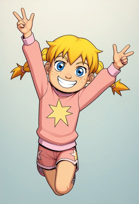score_9, score_8, score_7, incogstyle, CHkatiepower, 1girl, ((solo)), in mid air jump, smiling, looking at viewer, child