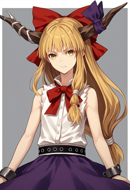 score_9, score_8_up, score_7_up, score_6_up, score_5_up, score_4_up, source_anime, 1girl, solo, 
ibuki suika, horns, blonde hair, low-tied long hair, hair bow, yellow eyes, sleeveless white shirt, belt, purple skirt, shackles, 
masterpiece, best quality, very aesthetic, absurdres,