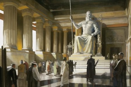 a painting of a statue of a man holding a staff in a room with people standing around it and a crowd of people standing around