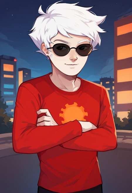 score_9, score_8_up, score_7_up, score_6_up, dave strider, white hair,  white skin, sunglasses, male, 1boy, raglan sleeves, looking concerned, looking to the viewer, sidelong glance, raised eyebrow, confused expression, outdoors, city, night, standing, smile, sideburns, tired, messy hair, homestuck, male, headshot, crossed arms, upper body,