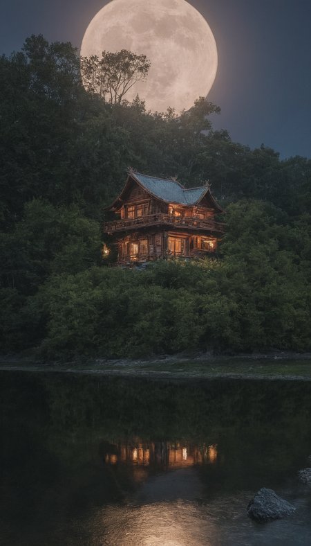 professional 3d model <lora:3vg3nylushp1n:1>,3vg3nylushp1n,architecture,scenery,evgeny,lushpin,building,outdoors,, architecture, bare tree, building, bush, castle, cloud, cloudy sky, east asian architecture, fog, forest, house, mountain, nature, no humans, outdoors, pagoda, scenery, sky, sunset, tower, tree, a cabin in the woods with a lake and trees in the background at night time with a full moon, Evgeny Lushpin, atmospheric, a photo, neo-romanticism . octane render, highly detailed, volumetric, dramatic lighting