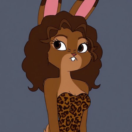 Br1anna,1girl,solo,furry,furry female,rabbit girl,brown hair,long hair,rabbit ears,brown eyes,animal nose,buck teeth,body fur,brown fur,rabbit tail, leopard print dress, strapless