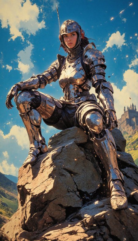 crayon,glow, A female warrior, clad in meticulously rendered, highly reflective armor with exaggerated pauldrons and greaves, perches nonchalantly on a sun-drenched crag. The dynamic three-quarter shot emphasizes the iridescent sheen of her armor, reflecting a cerulean sky dappled with cumulus clouds. Utilize a low camera angle to accentuate her statuesque proportions and imbue her pose with a sense of stoic grandeur. Her visage, framed by the ornate helmet, exudes an aura of quiet confidence, her gaze fixed on a distant horizon. In the background, barely discernible through the heat haze, lies a fortress nestled amidst rolling hills. The image should evoke a sense of melancholic solitude, the warrior lost in contemplation, the weight of her experiences etched upon her polished armor.