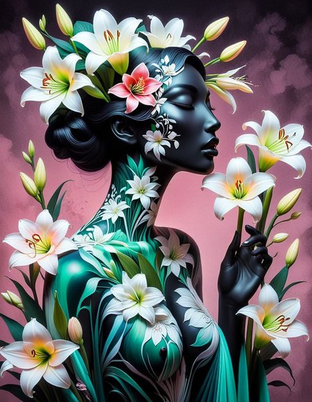 A striking silhouette of a woman's profile against a soft pink background, with her essence embodied by a lush arrangement of white lilies and green leaves. This harmonious blend of nature and human form creates a powerful, dark fantasy scene. The vibrant lilies are in full bloom, with one bud yet to open, and the leaves are detailed and vivid, evoking a sense of freshness and vitality. The overall composition is reminiscent of Ukiyo-e art, capturing a moment of profound beauty and mystery., painting, illustration, vibrant, dark fantasy, ukiyo-e, conceptual art(,digital art oil painting,ink,charcoal,double exposure)glass  painting<lora:luxart:1.2>