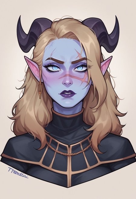 score_9, score_8_up, score_7_up, score_6_up, score_5_up, score_4_up, eye contact, looking at viewer, source_anime, naughty traditional art, lineart, DC, tiefling woman, (dirty blonde hair), demon horns, blue skin, cute face, attractive face, pretty face, rating_questionable, zPDXL, medieval, knight lady,  upper body portrait, scar over left eye,