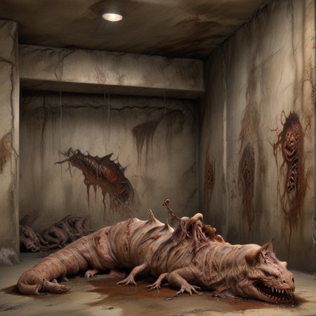 Dark Fantasy page, Inside a crypt. sluggirl,  undead, twitching, writhing. Walls made of flesh. Painting. Monster Manual. s34slug, flaps, stalks
zombie slug hybrid man monster.