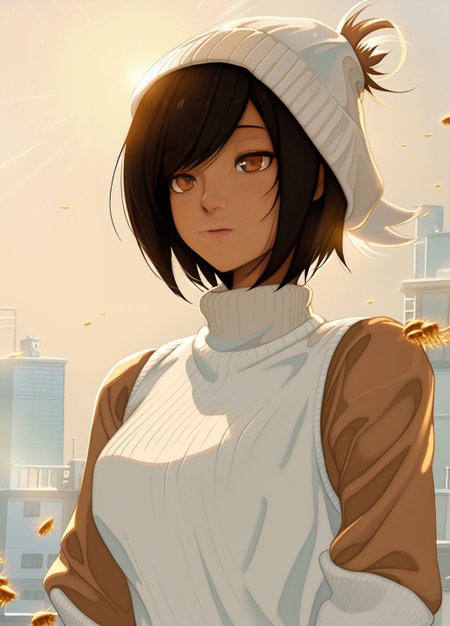 best quality, masterpiece, original, highres, illustration,   (((front light))), day time, sunny aesthetic wallpaper, amazing, beautiful, 1girl, solo, honey skin,  short hair, black hair, winter, beanie, outside, blizzard, upper body,,  cybercity background