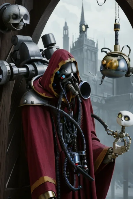 ((masterpiece,best quality)), absurdres, mechanical arms, robes, hood, (techpriest), cyborg, mechanical face, (TimBurton Animation)