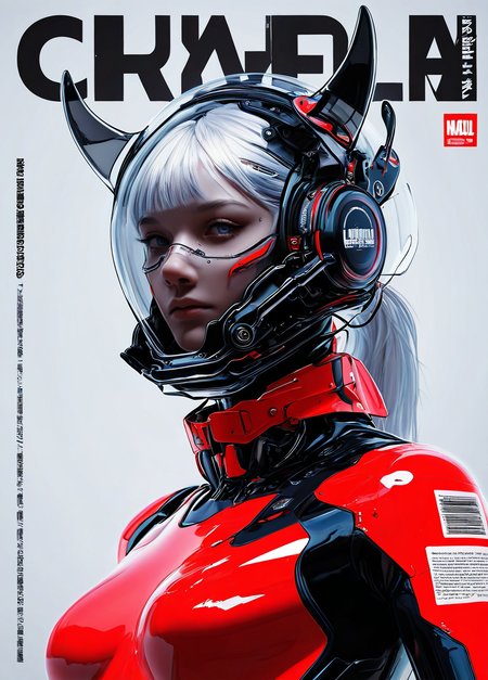 realistic,  
masterpiece, best quality, amazing quality, highres, absurdres, very aesthetic, very awa,expert shading, ultra detailed, UHD, 8K,
BREAK, 
N3onSp3ctra, 1girl, solo, blue eyes, white hair, headphones, ponytail, science fiction, barcode, upper body, looking at viewer, poster transparent, mask helmet, magazine cover, glass helmet, cyber horns ,see-through mask, plastic armor, red white armor accents, low angle, upper body, graphics, logos, text("GRIM"), Japanese kanji graphics, <lora:NeonSpectra-000011:0.75>