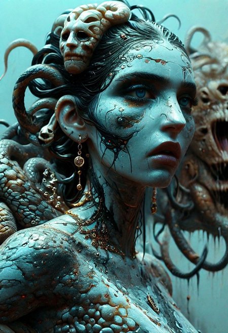 portrait of the gorgon "medusa", greek mythology, live snakes instead of hair, a piercing gaze that turns people into statues, vision of death , surreal and expressive Acrylic Pouring , Ink splatter , Fractal , Shaman , Dystopian Occult spirit , Pagan folk , African Tribe , Vaudoo , Animal Skull , Goddess , female creature , highly detailed clothes , highly detailed background with fractal effect and cosmic horror ellements , fine art style, Beautiful Divine Godess, Beautiful Lighting, U-V Reactive colors Photorealistic, Hyper-Detailed, fine art style , highly detailed jewellery made of bone, <lora:MJ52:0.7>